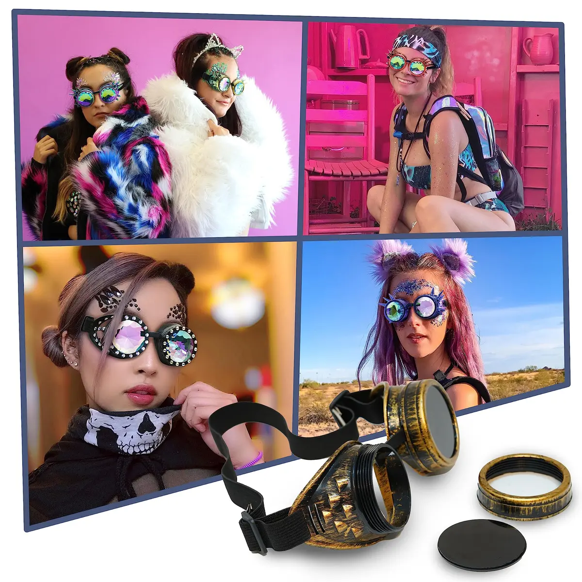 SoJourner Steampunk Goggles Classic - Bronze + Black Lens (3-Pack) | Kaleidoscope Effect Rave Eyewear - view 4