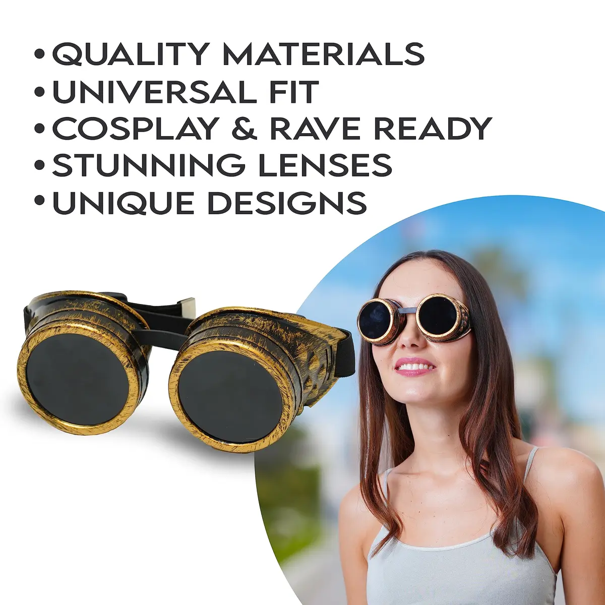 SoJourner Steampunk Goggles Classic - Bronze + Black Lens (3-Pack) | Kaleidoscope Effect Rave Eyewear - view 2
