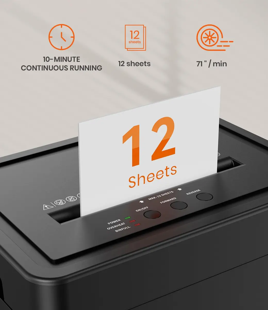 Frossvt Heavy Duty Paper Shredder Micro-Cut High Security Level P-4/12 Sheets | 10-Minute Run, Auto Reverse, 5.3-Gallon Bin - view 3