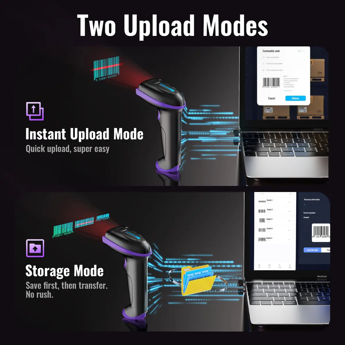 Tera 1D Wireless Laser Barcode Scanner 5100 Purple, 328 ft Range | Plug-and-Play USB & 2.4GHz Wireless - view 5