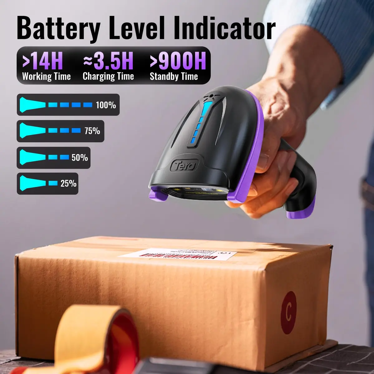 Tera 1D Wireless Laser Barcode Scanner 5100 Purple, 328 ft Range | Plug-and-Play USB & 2.4GHz Wireless - view 2