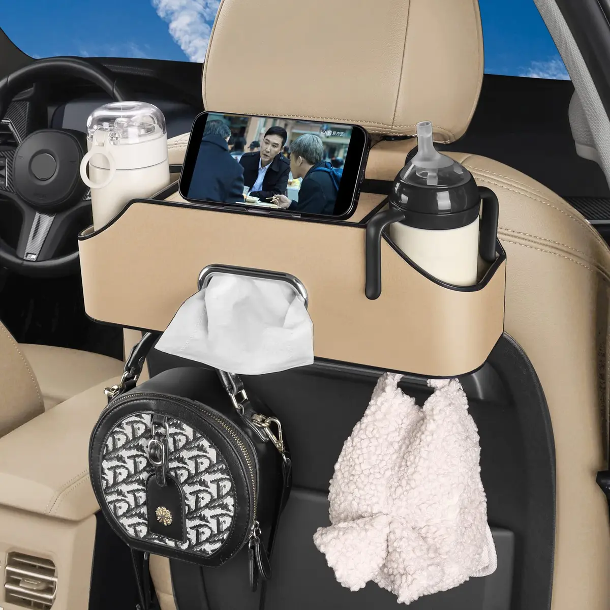 HOLDCY Car Back Seat Organizer with 2 Cup Holders, Tissue Box & Storage Hooks - Beige | Multi-functional Car Rear Seat Storage Pouch - view 6