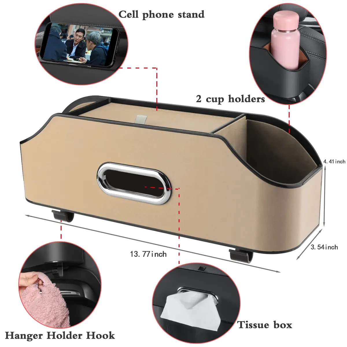 HOLDCY Car Back Seat Organizer with 2 Cup Holders, Tissue Box & Storage Hooks - Beige | Multi-functional Car Rear Seat Storage Pouch - view 2