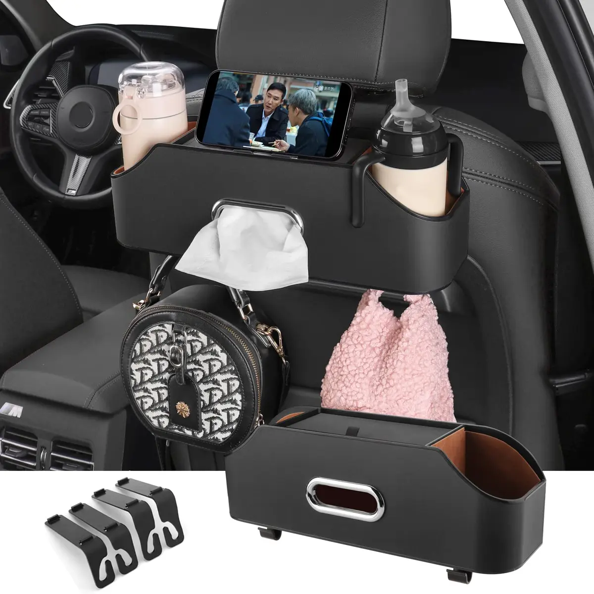 HOLDCY Car Back Seat Organizer with 2 Cup Holders, Tissue Storage, Black | Multi-Pocket Design for Cars & Trucks - main product image