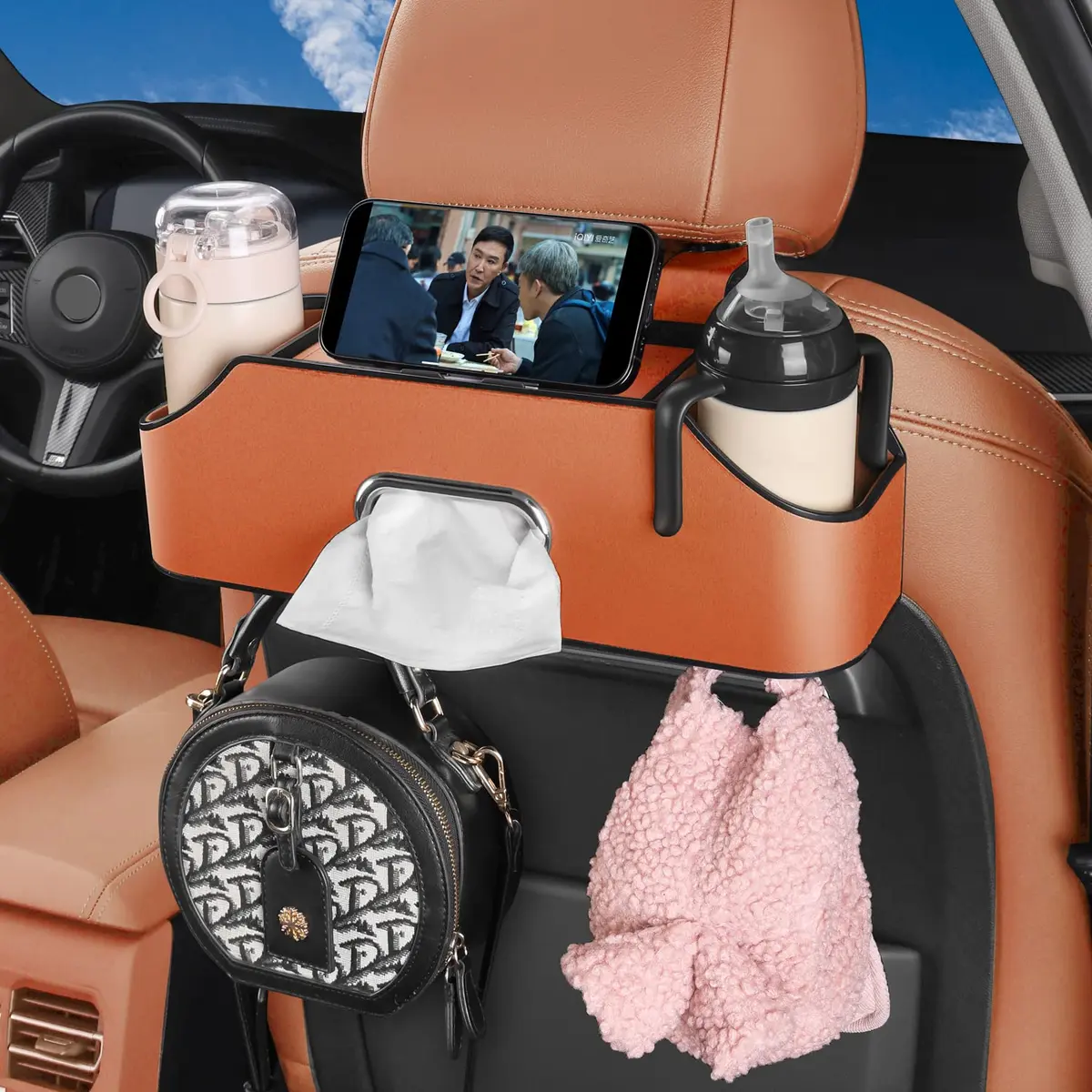 HOLDCY Car Back Seat Organizer with 2 Cup Holders, Tissue Storage, Orange | Waterproof, Durable & Easy to Install - view 5