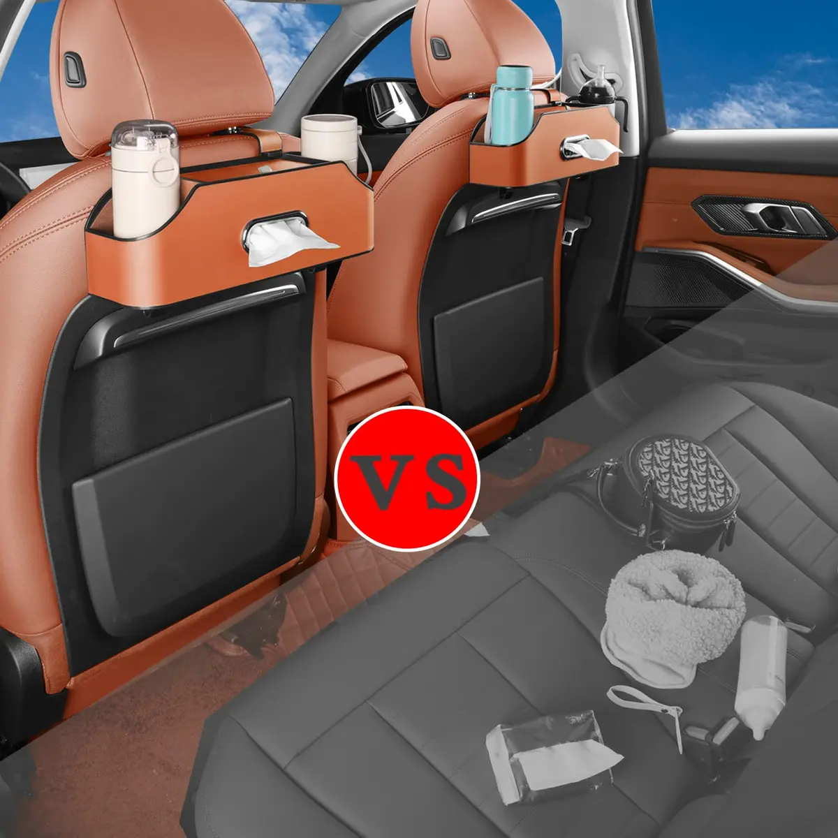 HOLDCY Car Back Seat Organizer with 2 Cup Holders, Tissue Storage, Orange | Waterproof, Durable & Easy to Install - view 2