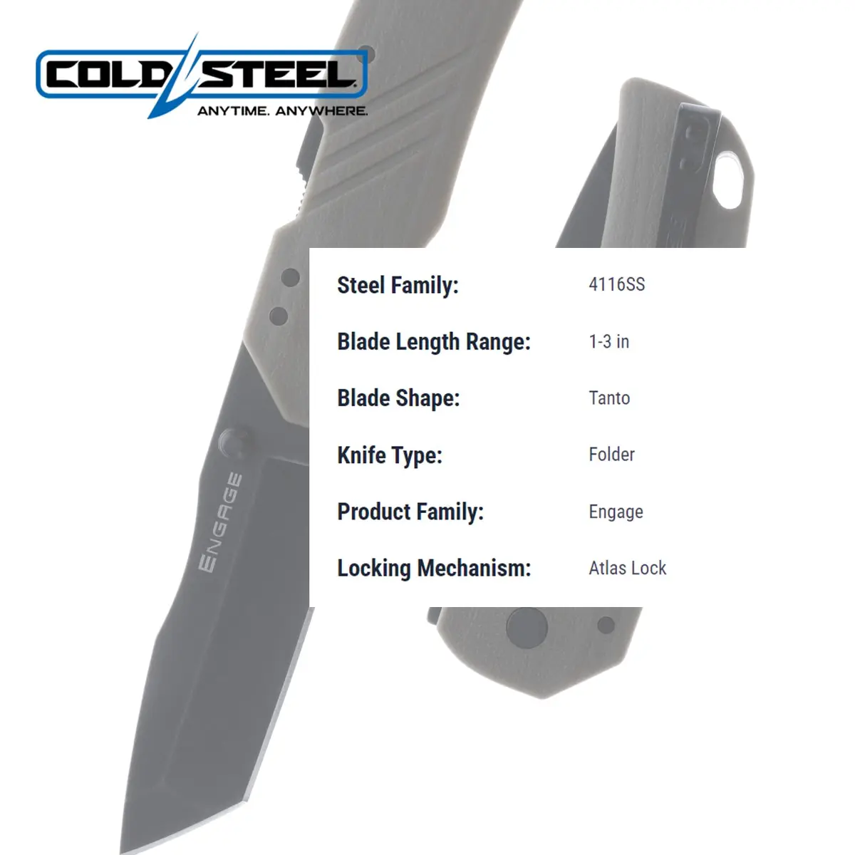 Cold Steel Engage 3in 4116SS Tanto Point Blade 4.25in FDE GFN Handle | Everyday Carry Tactical Folding Knife - view 6