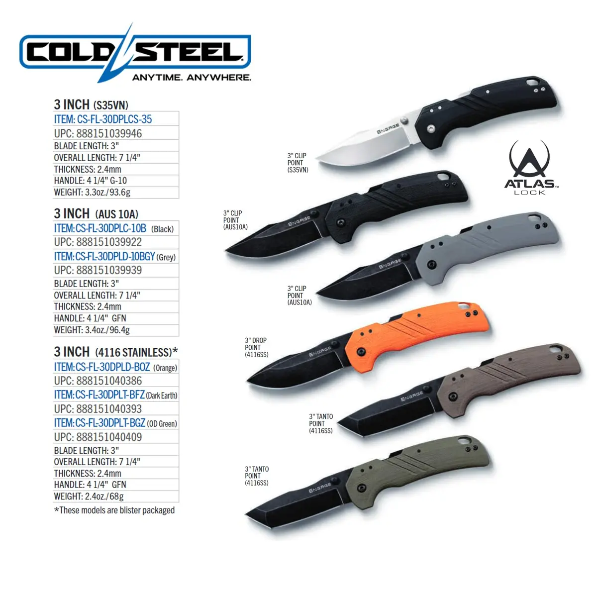 Cold Steel Engage 3in 4116SS Tanto Point Blade 4.25in FDE GFN Handle | Everyday Carry Tactical Folding Knife - view 7