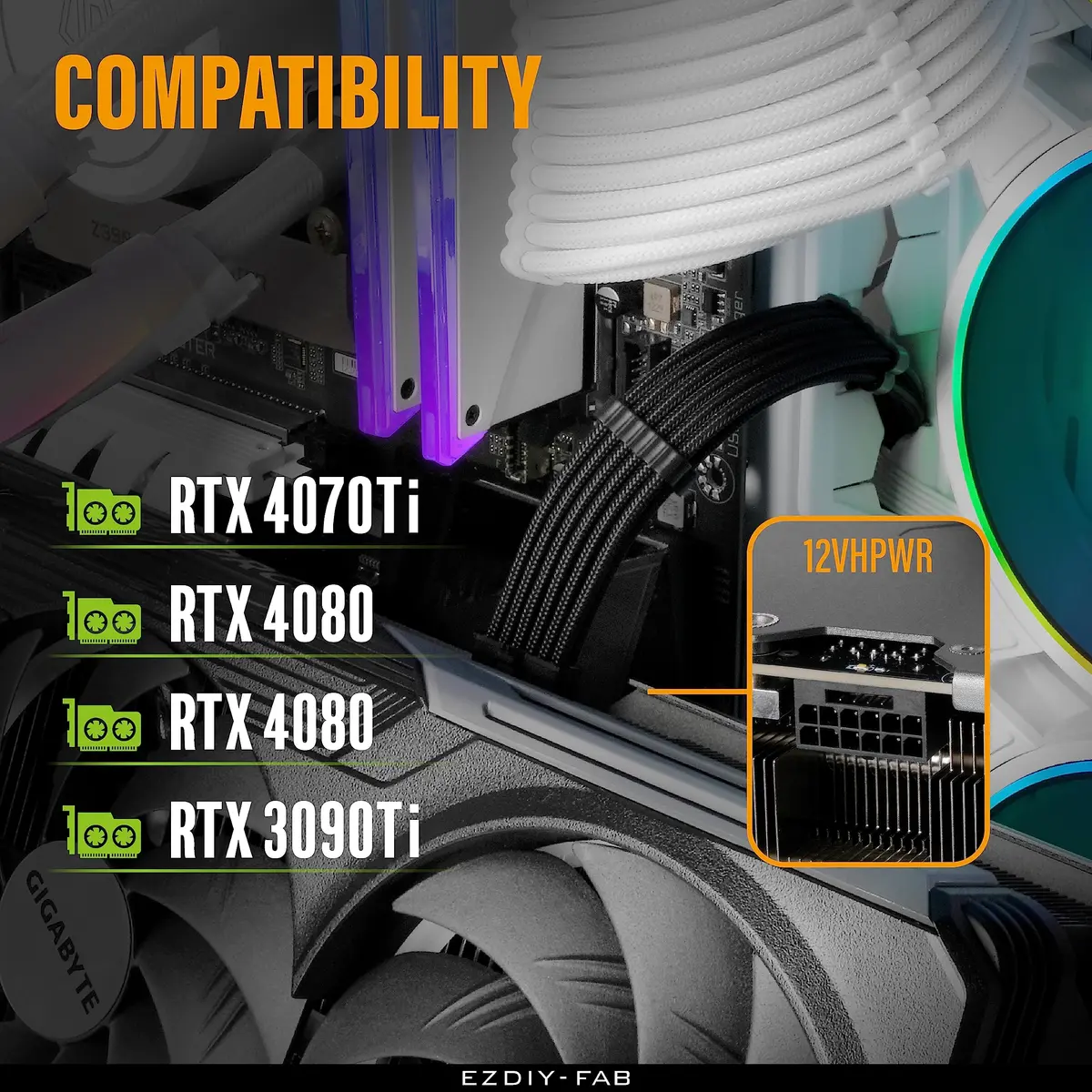 EZDIY-FAB 12VHPWR PSU Sleeved Cable 60cm Black | PCIe 5.1 12V-2x6 600W Support - view 6