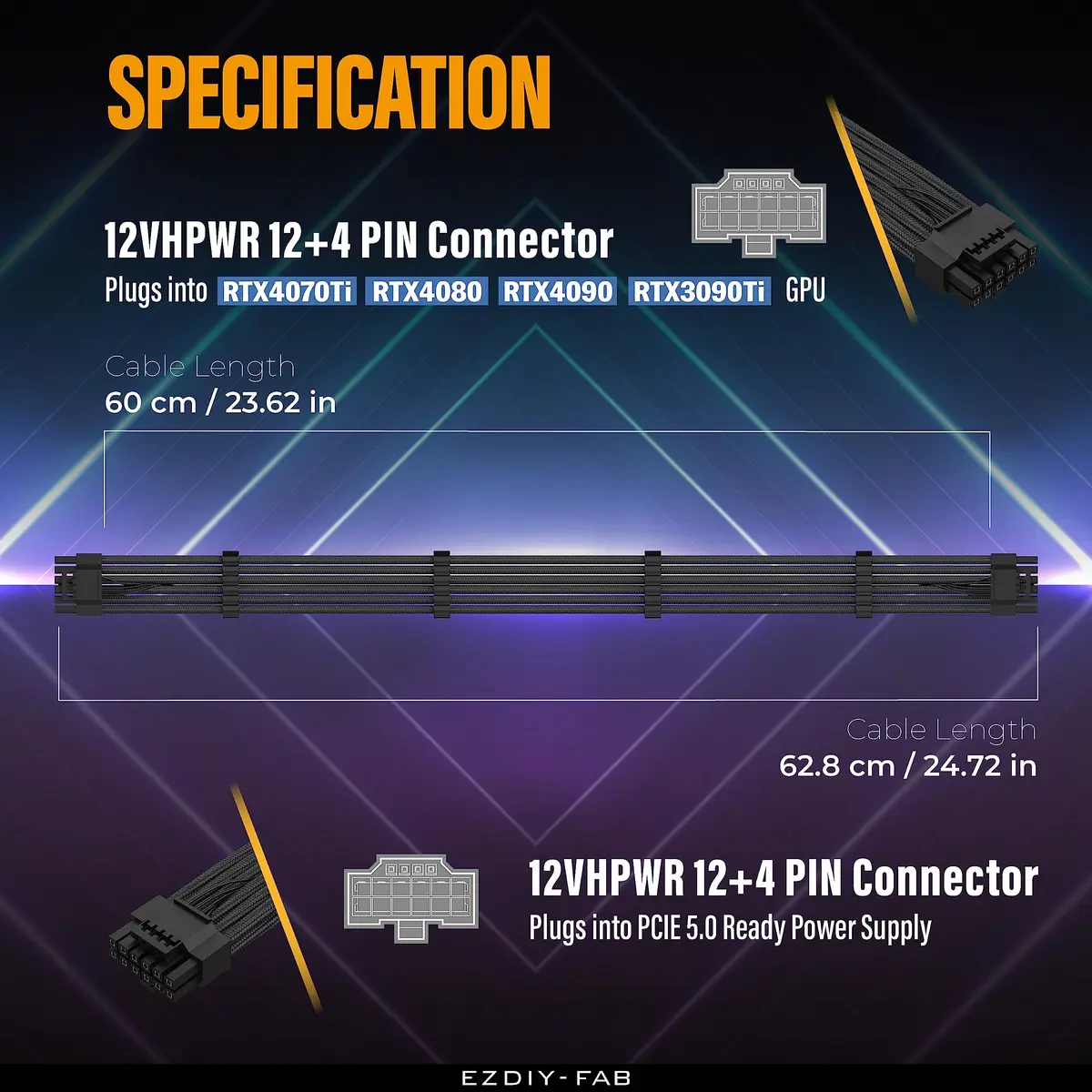 EZDIY-FAB 12VHPWR PSU Sleeved Cable 60cm Black | PCIe 5.1 12V-2x6 600W Support - view 3