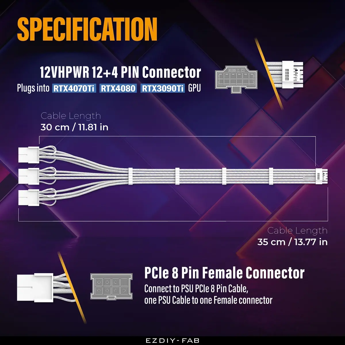 EZDIY-FAB 12VHPWR GPU Power Extension Cable 30cm (11.8in) | PCIe 5.0 16pin to 3x 8pin White - view 3
