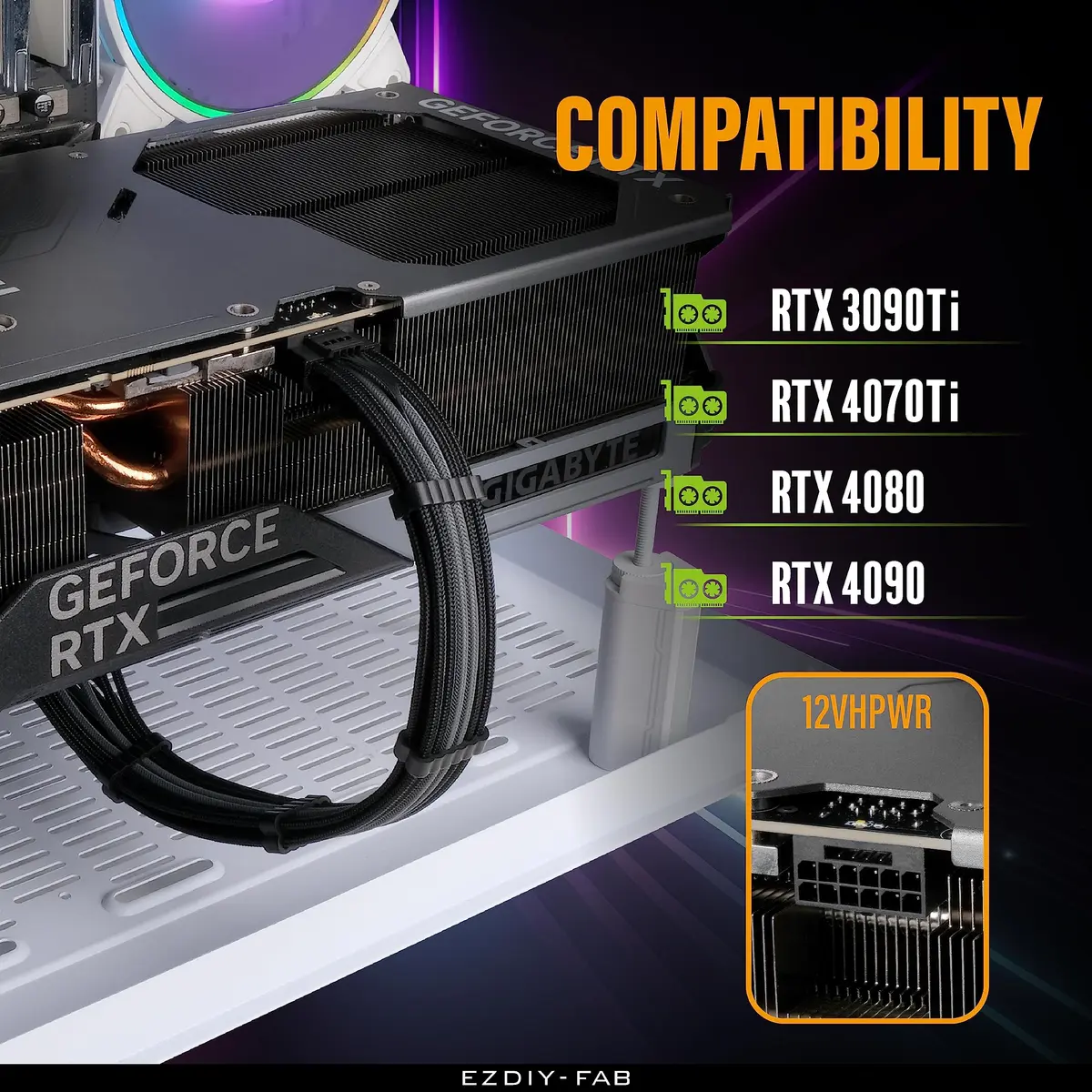 EZDIY-FAB 16pin (12+4) 12VHPWR PCIe 5.0 GPU Power Sleeved Cable Extension, Male to Female, Compatible with RTX 4080, 4090, 4070, 16AWG with Cable Combs-Black Grey - view 6