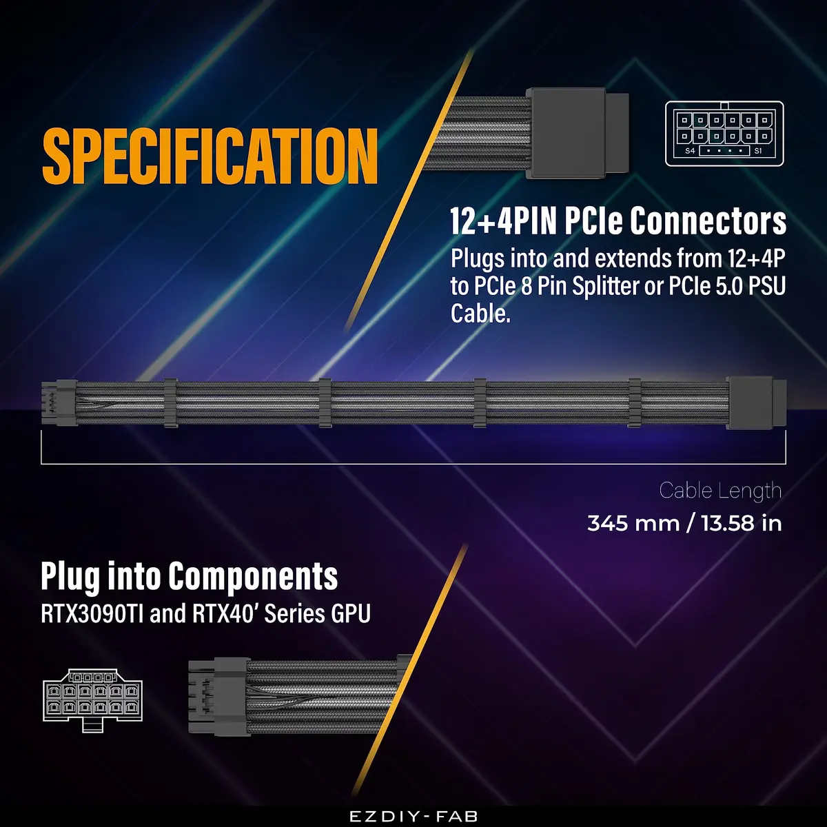 EZDIY-FAB 16pin (12+4) 12VHPWR PCIe 5.0 GPU Power Sleeved Cable Extension, Male to Female, Compatible with RTX 4080, 4090, 4070, 16AWG with Cable Combs-Black Grey - view 3