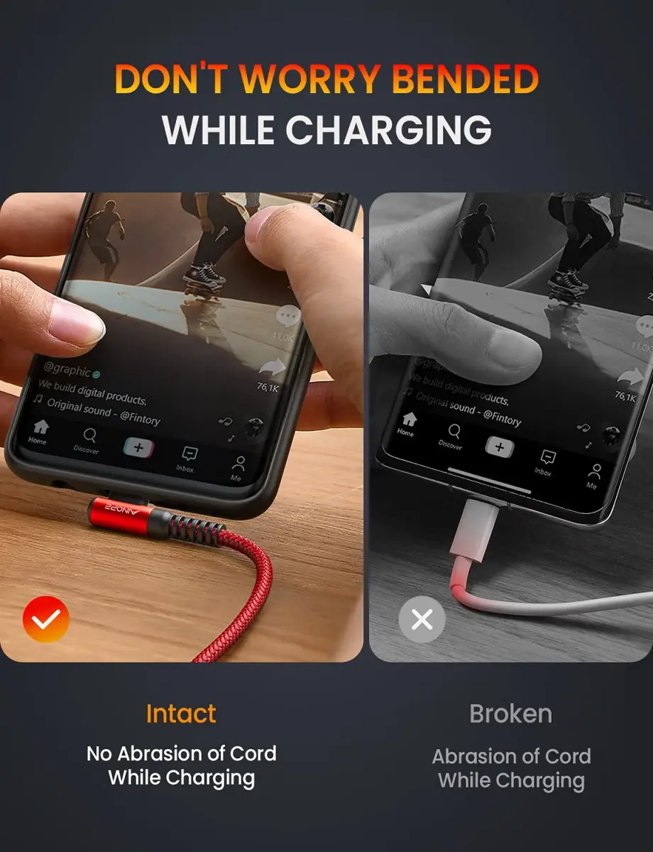 AINOPE Red 60W 3.3ft+3.3ft Right Angle USB C to USB C Cable 2-Pack - view 4