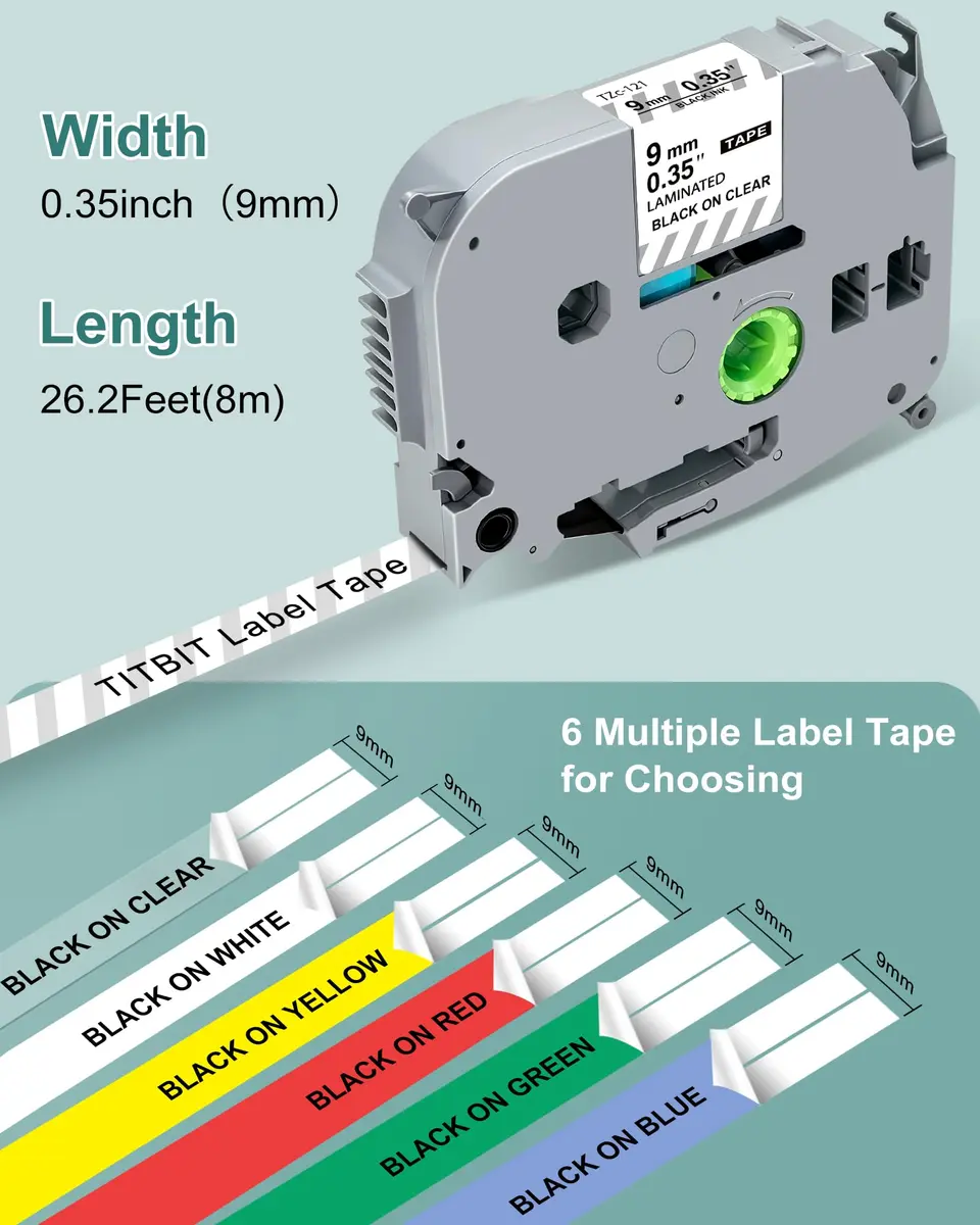 TITBIT Compatible Label Maker Tape 9mm 6 Pack Laminated Colored | Durable, Water-Resistant, Easy Peel - view 3