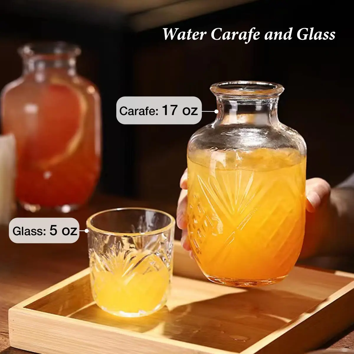 Mfacoy Bedside Water Carafe and Glass Set | 17 OZ Glass Pitcher & 5 OZ Cup | Vintage Bedroom Serveware - view 3
