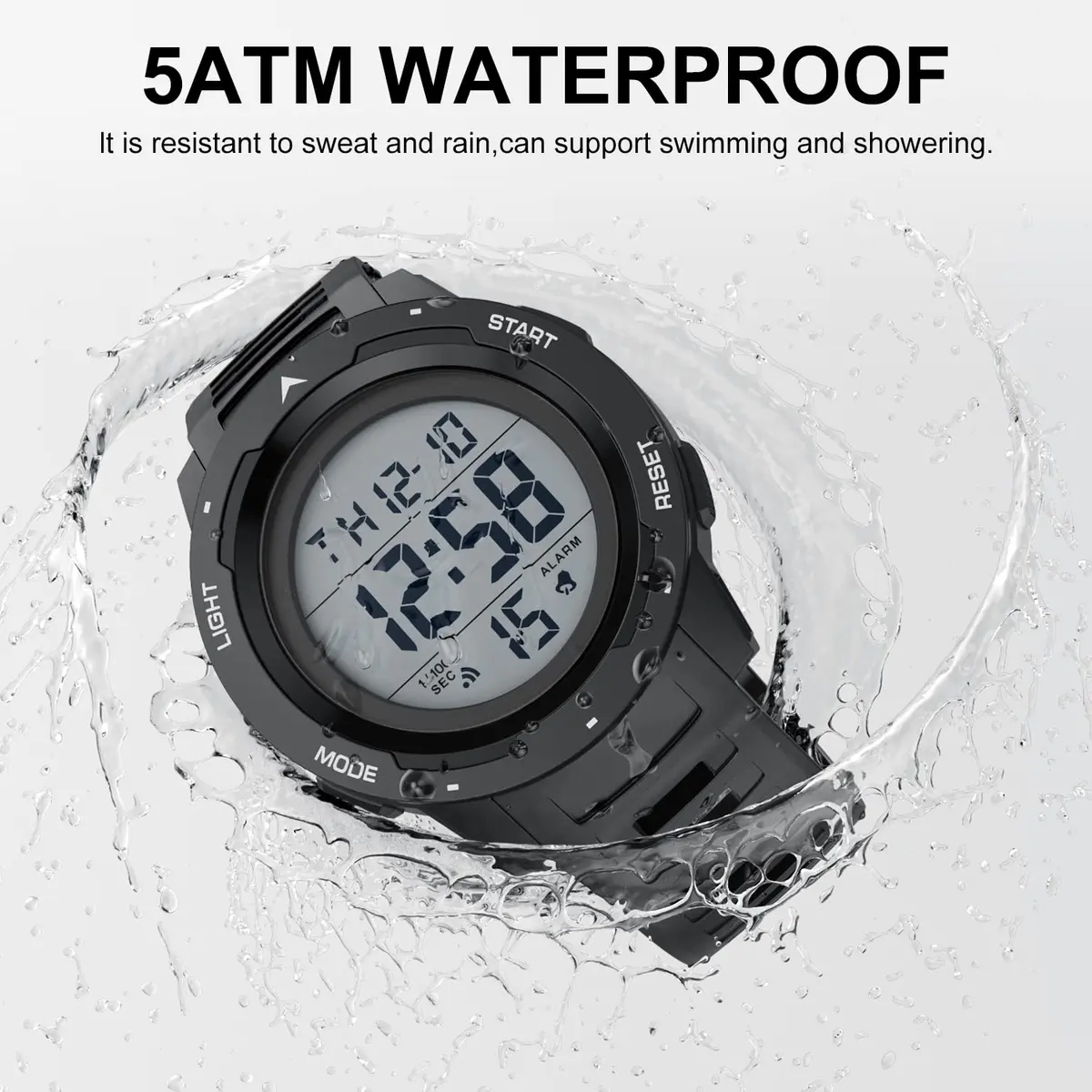 GOLDEN HOUR Waterproof Digital Sport Watch 50mm | Easy Read Military Style with Black Rubber Strap - view 5