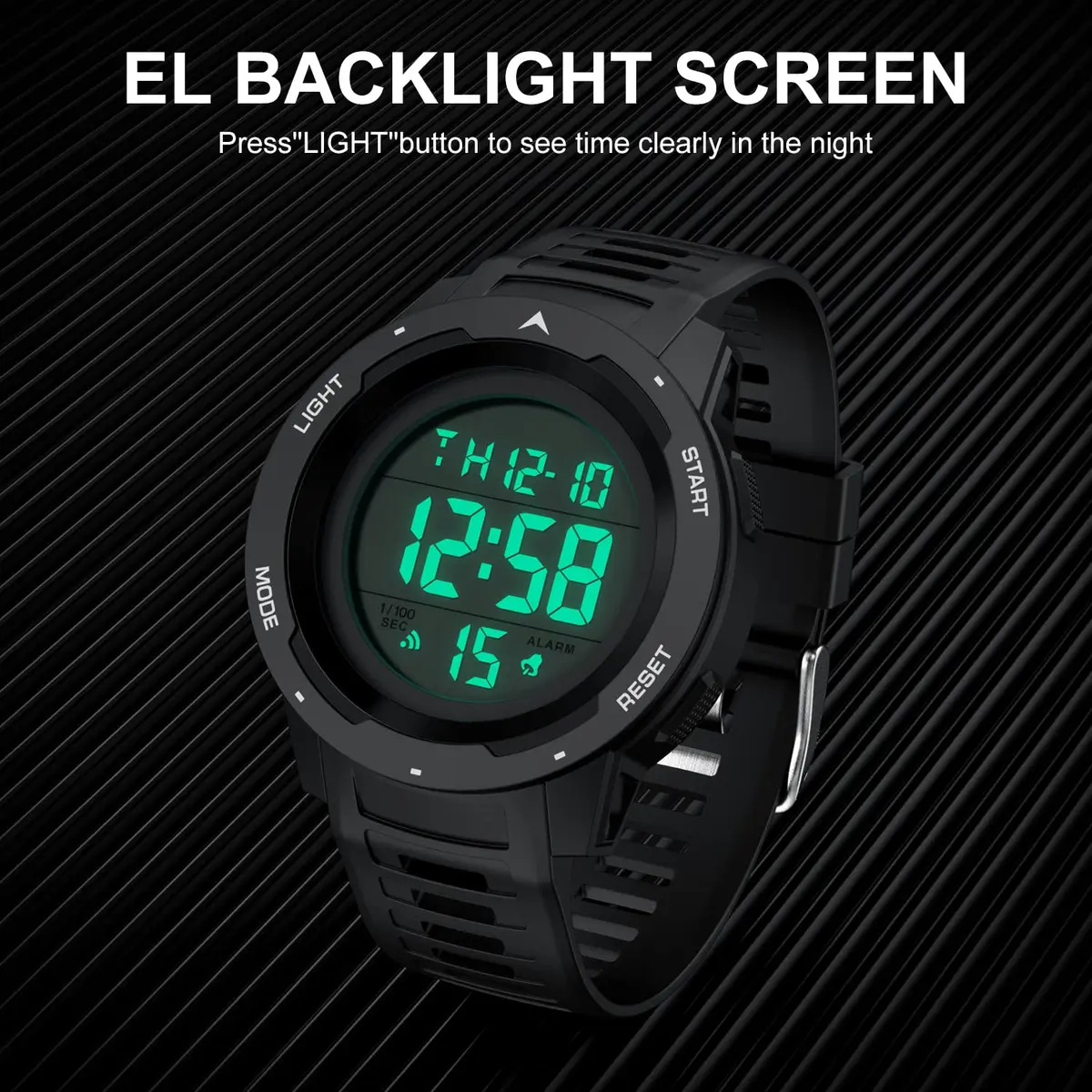 GOLDEN HOUR Waterproof Digital Sport Watch 50mm | Easy Read Military Style with Black Rubber Strap - view 7