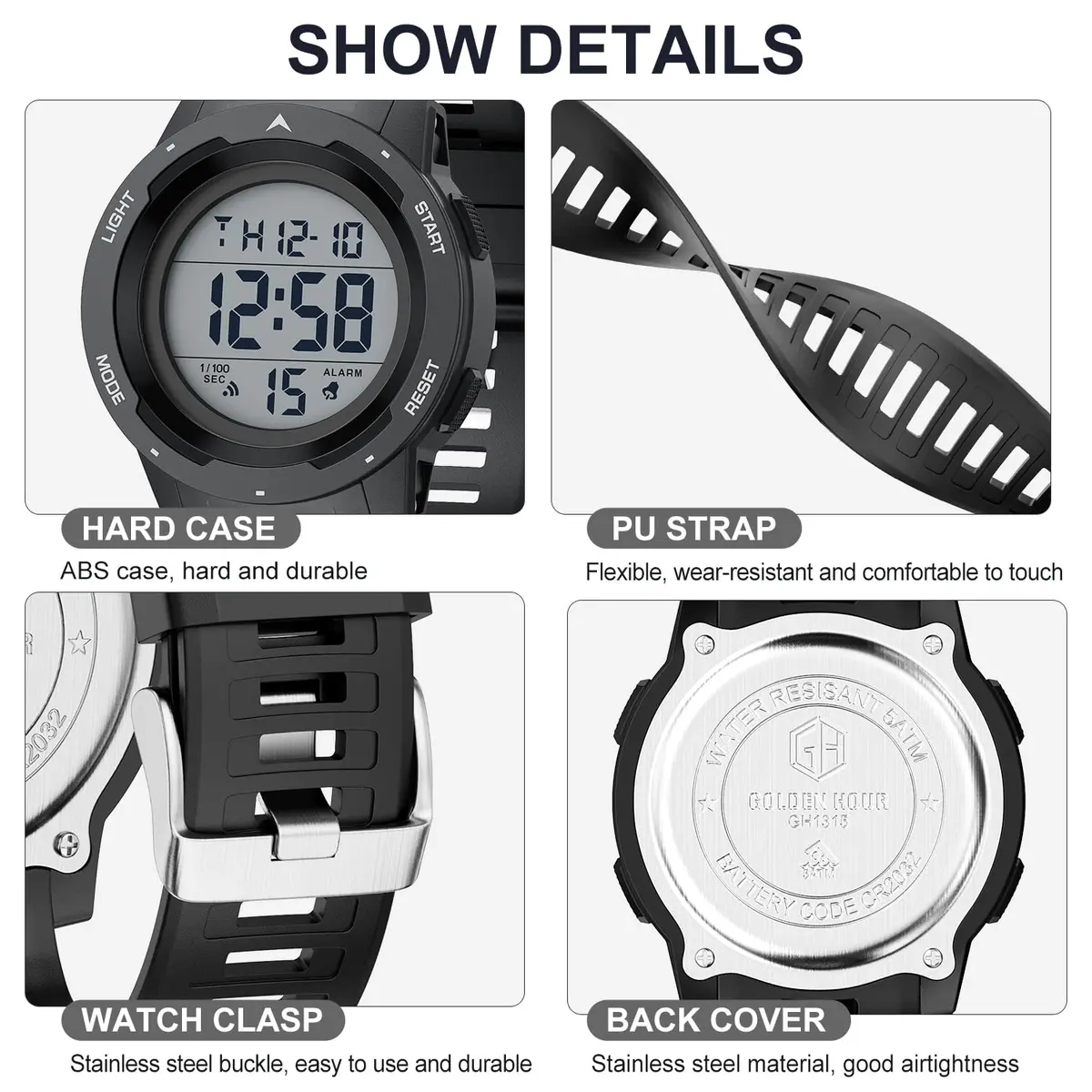 GOLDEN HOUR Waterproof Digital Sport Watch 50mm | Easy Read Military Style with Black Rubber Strap - view 3