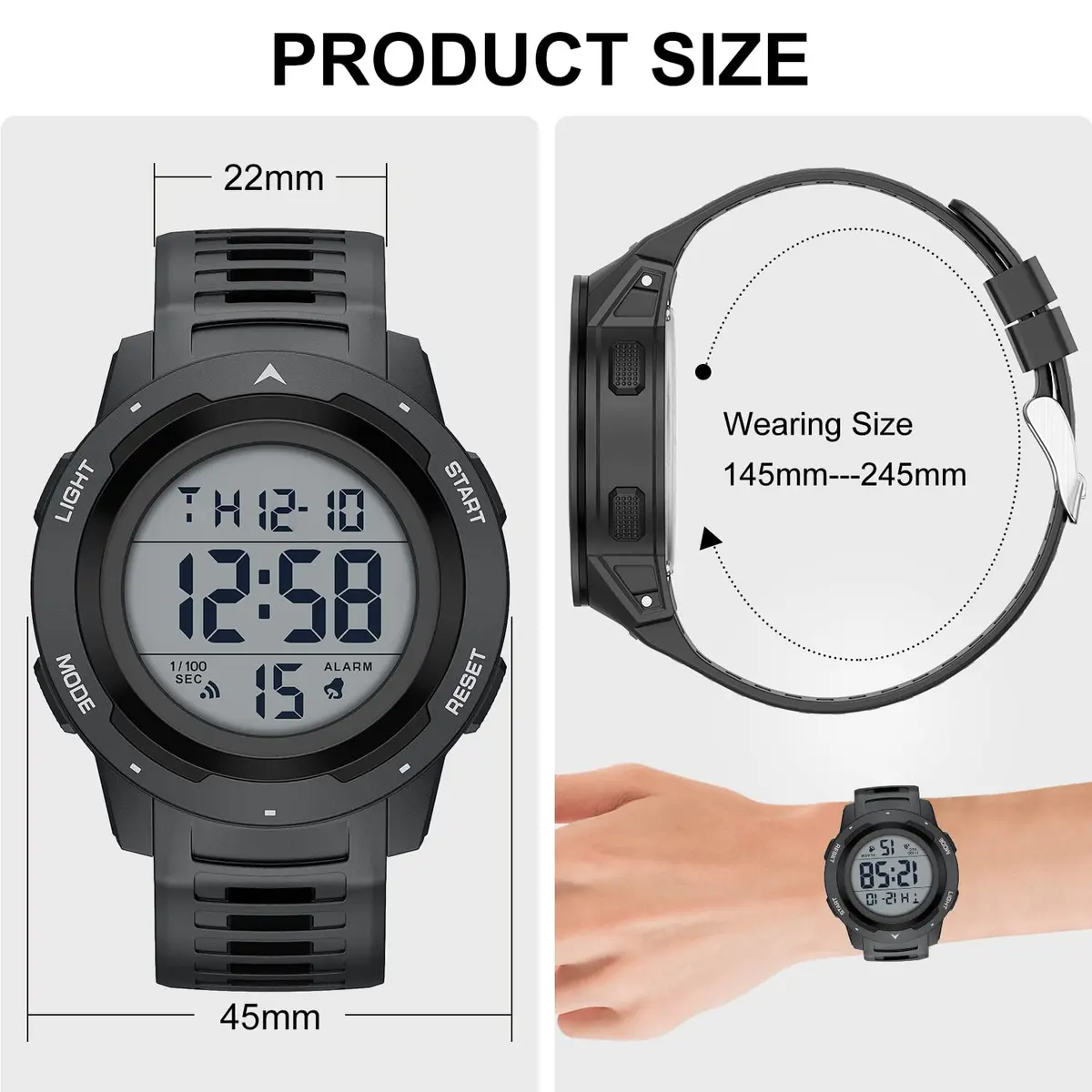 GOLDEN HOUR Waterproof Digital Sport Watch 50mm | Easy Read Military Style with Black Rubber Strap - view 4