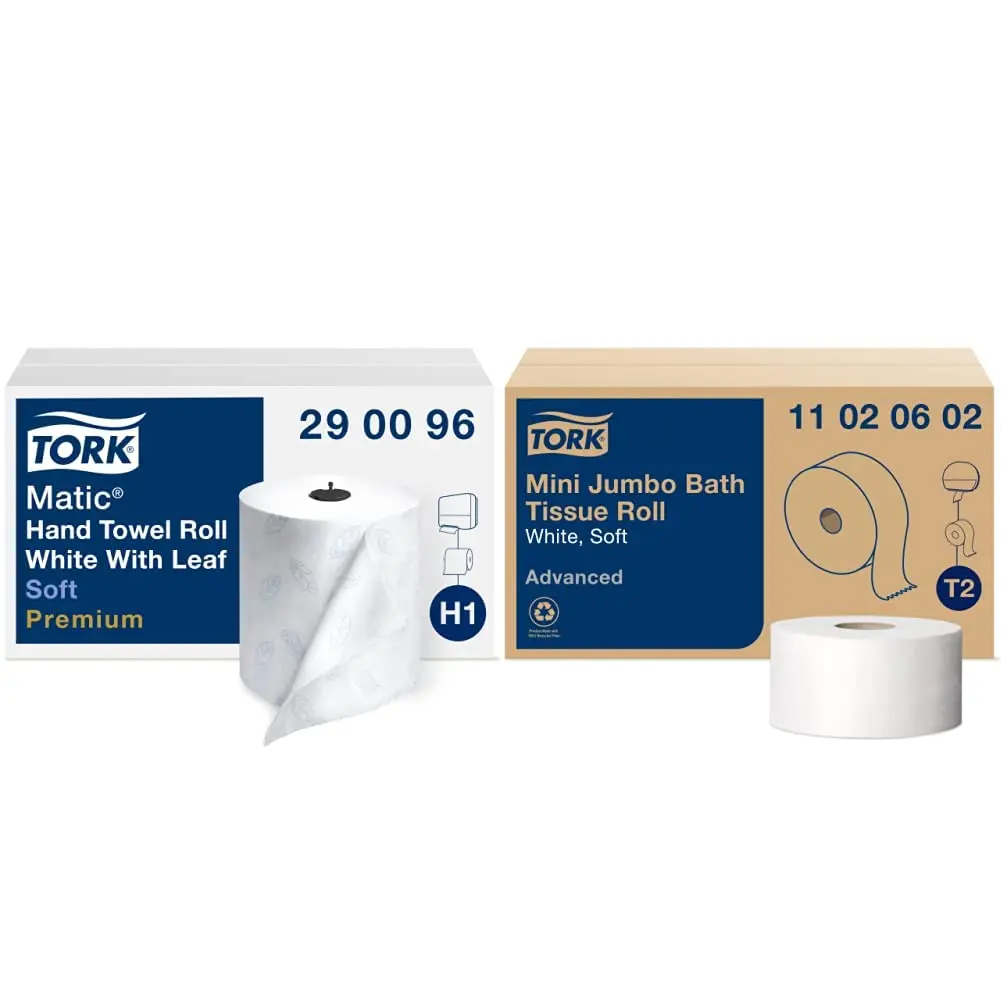 Tork White Paper Towel Roll & Mini Jumbo Bath Tissue Roll - 12 Rolls | 2-Ply Sheets, 21612 Total Towels - main product image