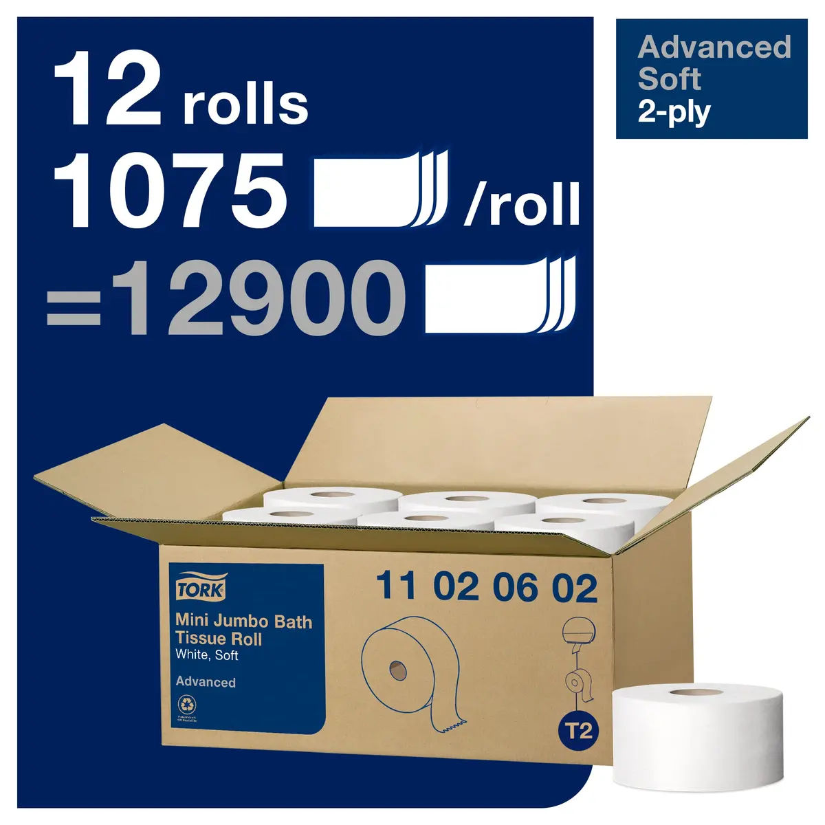 Tork White Paper Towel Roll & Mini Jumbo Bath Tissue Roll - 12 Rolls | 2-Ply Sheets, 21612 Total Towels - view 6