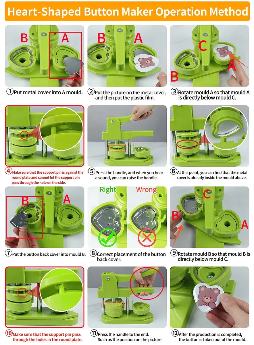 MK.Bear Heart Button Maker Machine DIY Gift, 100 Sets Supplies, Green | Easy to Use, Durable Plastic, Perfect for DIY Crafts - view 6