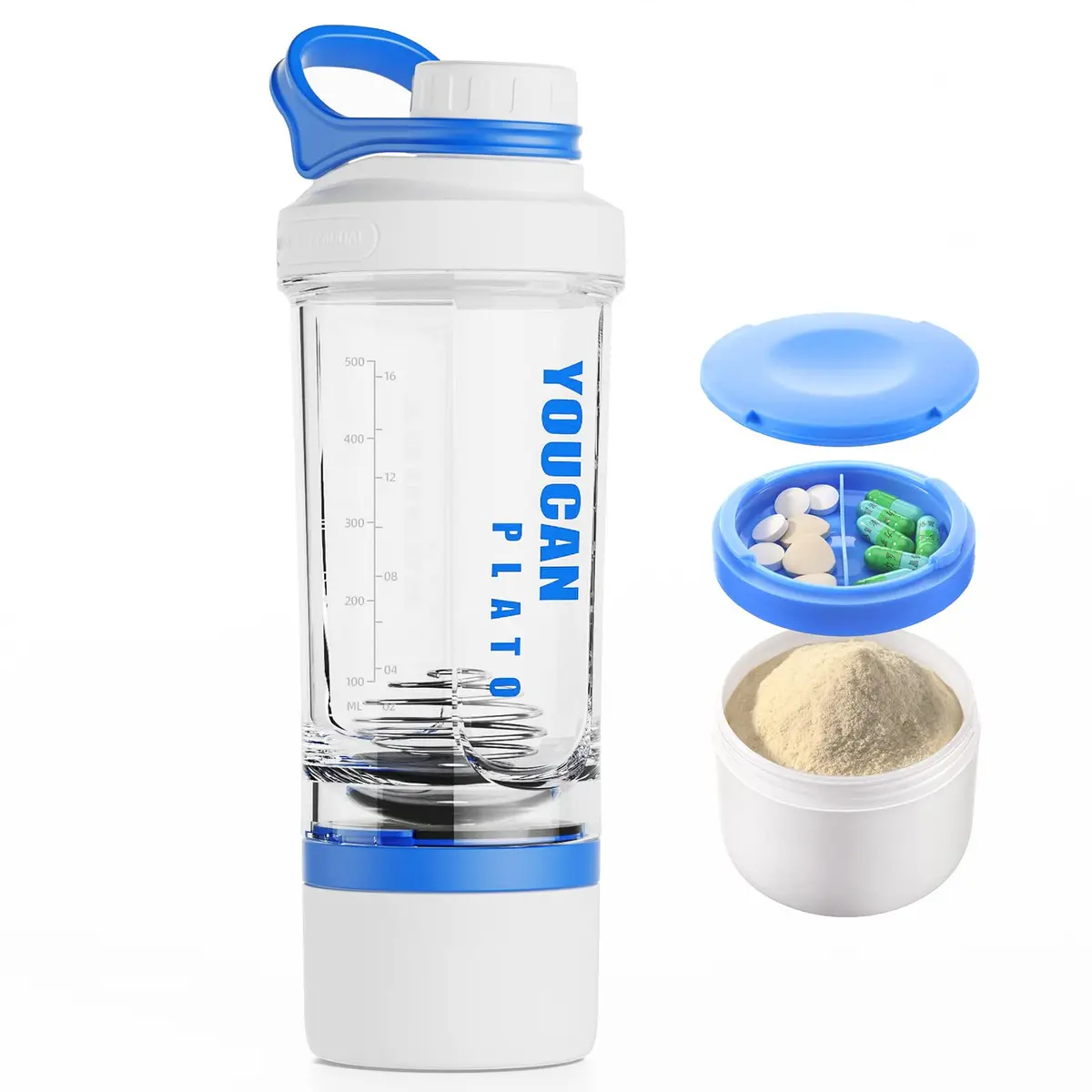 youcanplato 21oz Protein Shaker Bottle with Powder Storage, BPA-Free Tritan, Blue - main product image