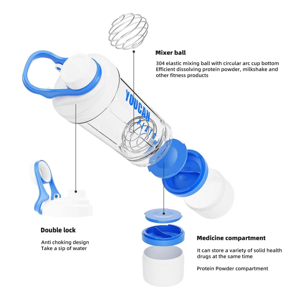youcanplato 21oz Protein Shaker Bottle with Powder Storage, BPA-Free Tritan, Blue - view 2