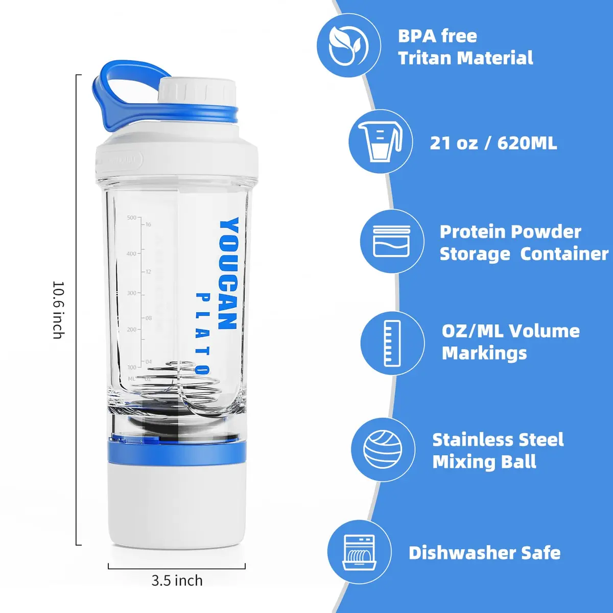youcanplato 21oz Protein Shaker Bottle with Powder Storage, BPA-Free Tritan, Blue - view 3