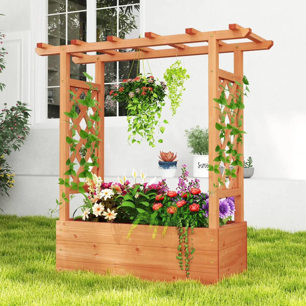 HAPPYGRILL Raised Garden Bed with Trellis & Hanging Roof | Durable Fir Wood, 43.5"L x 17.5"W x 44.5"H, Orange - main product image