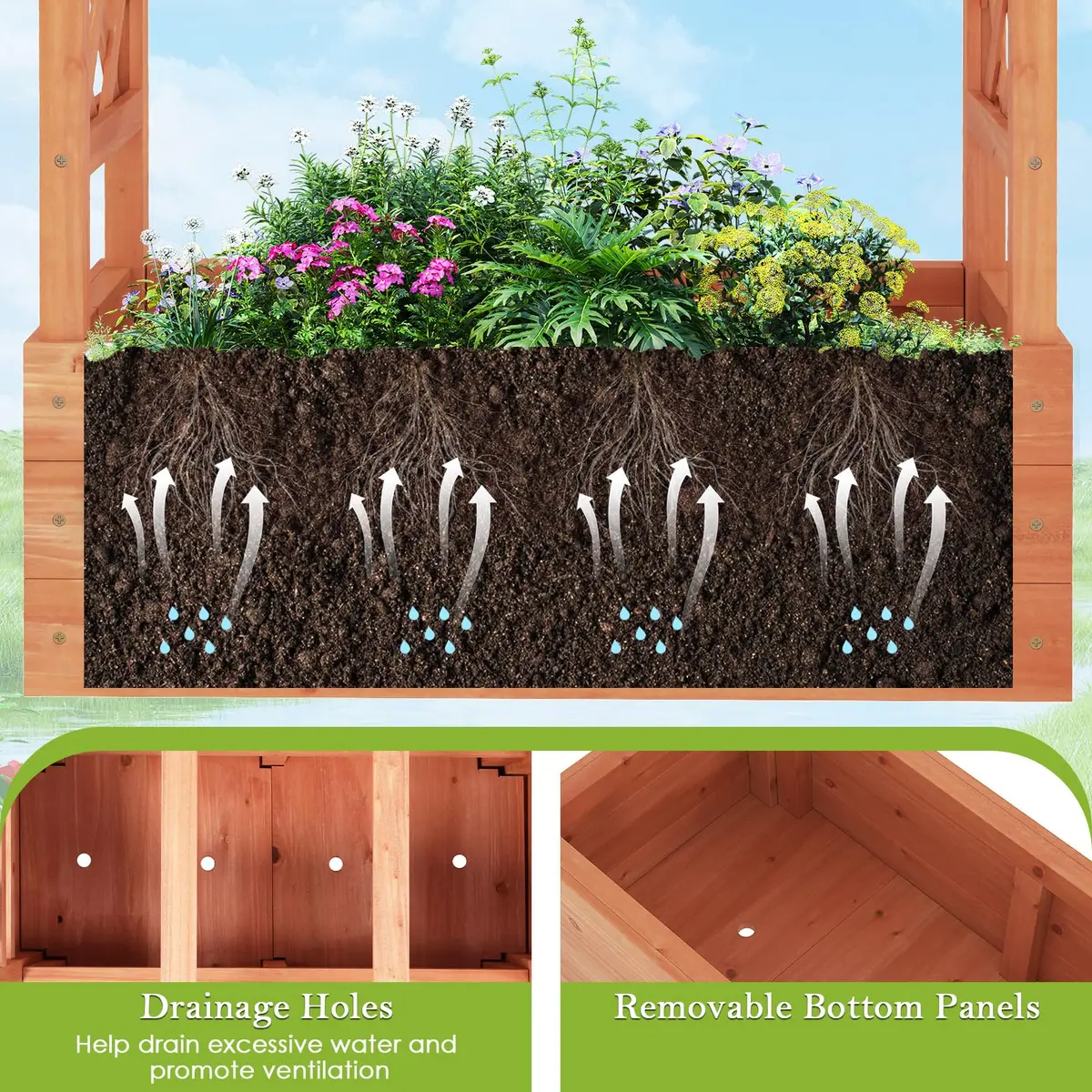 HAPPYGRILL Raised Garden Bed with Trellis & Hanging Roof | Durable Fir Wood, 43.5"L x 17.5"W x 44.5"H, Orange - view 5
