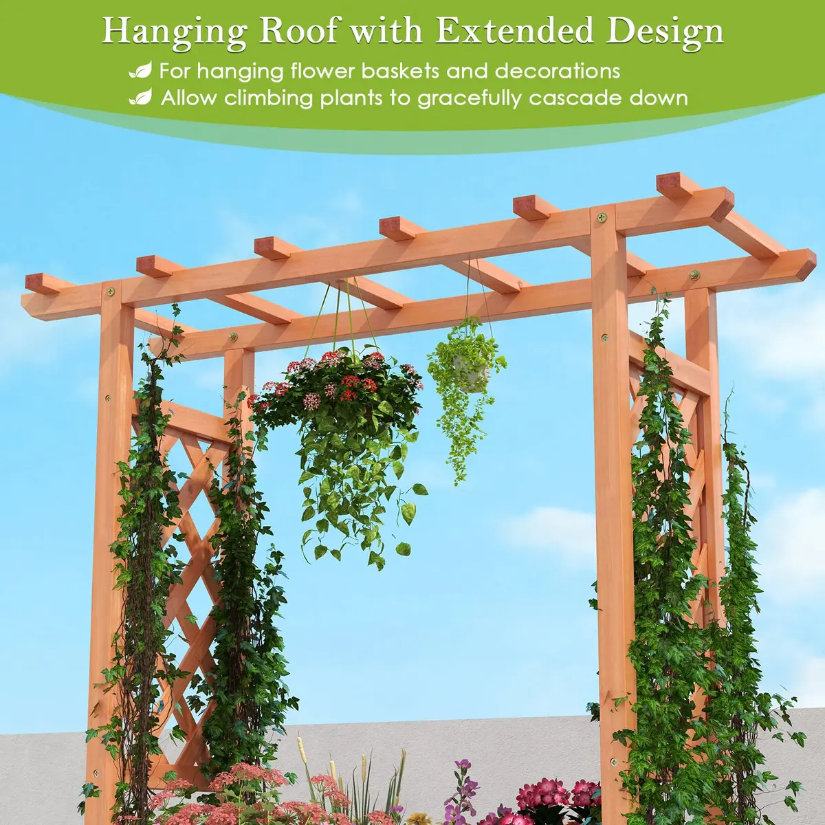 HAPPYGRILL Raised Garden Bed with Trellis & Hanging Roof | Durable Fir Wood, 43.5"L x 17.5"W x 44.5"H, Orange - view 2