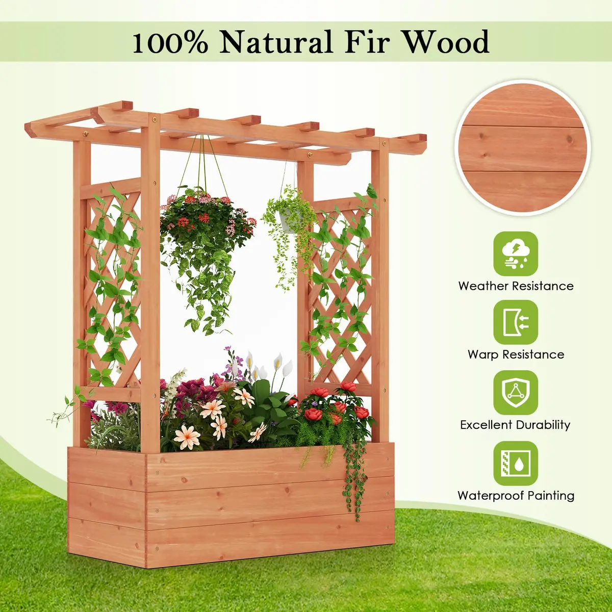 HAPPYGRILL Raised Garden Bed with Trellis & Hanging Roof | Durable Fir Wood, 43.5"L x 17.5"W x 44.5"H, Orange - view 4