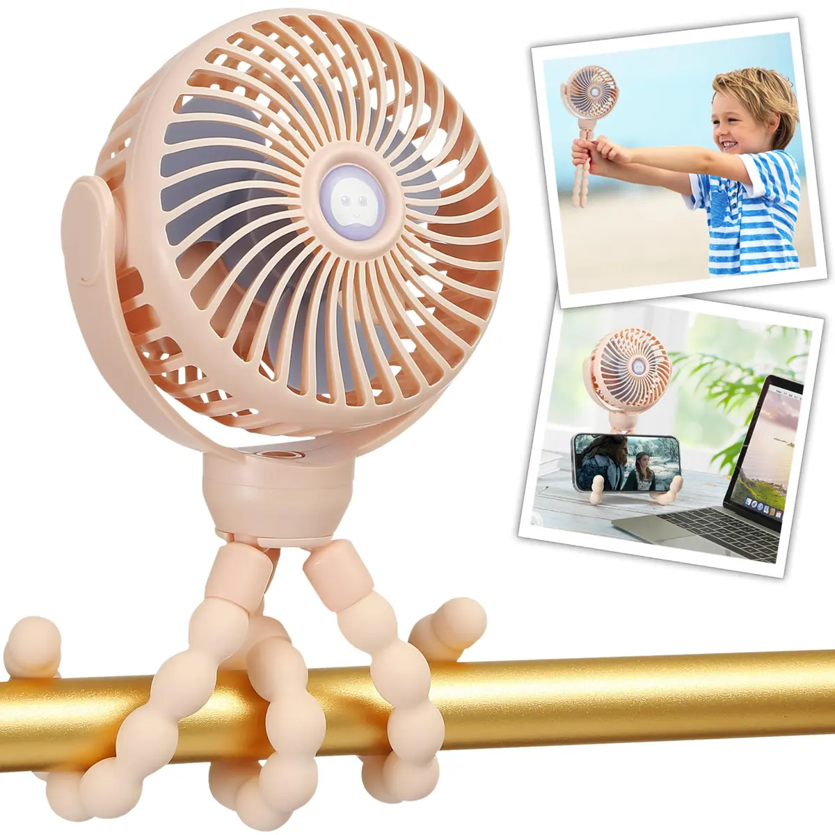 snawowo Mini Portable Baby Stroller Fan, Pink | Rechargeable 5200mAh, 360° Rotation, Safe for Baby Fingers - main product image