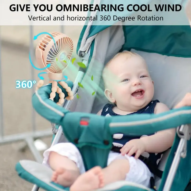 snawowo Mini Portable Baby Stroller Fan, Pink | Rechargeable 5200mAh, 360° Rotation, Safe for Baby Fingers - view 9
