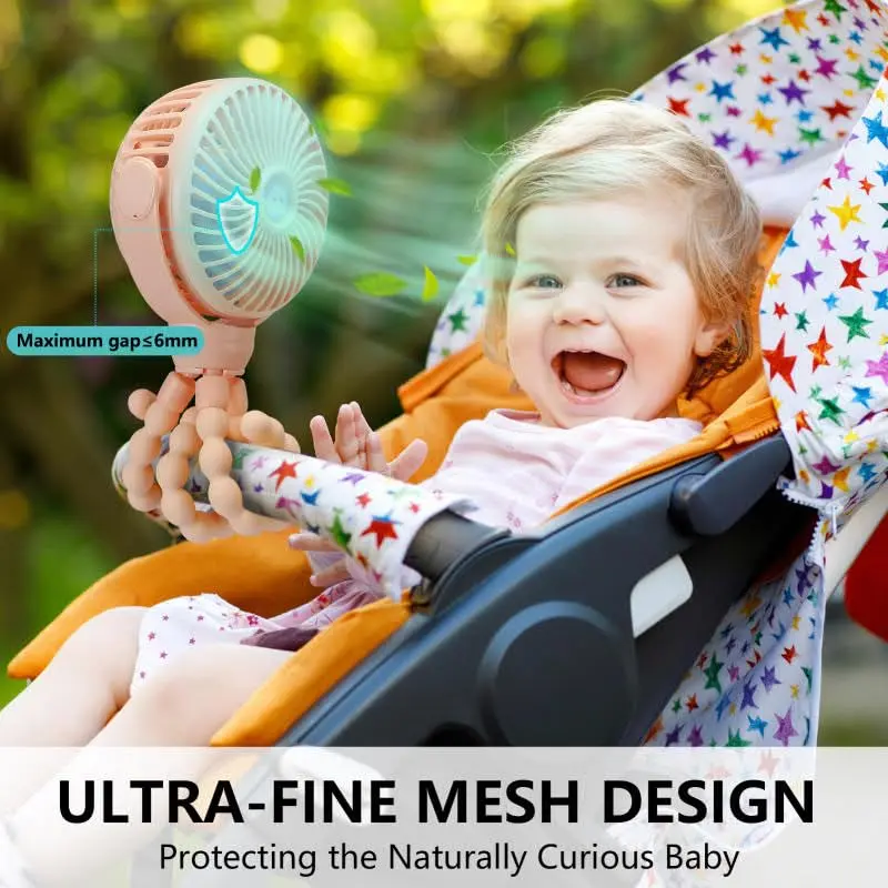 snawowo Mini Portable Baby Stroller Fan, Pink | Rechargeable 5200mAh, 360° Rotation, Safe for Baby Fingers - view 4