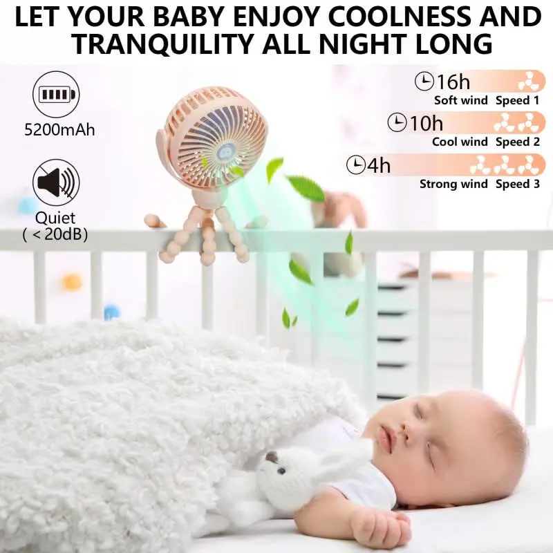 snawowo Mini Portable Baby Stroller Fan, Pink | Rechargeable 5200mAh, 360° Rotation, Safe for Baby Fingers - view 7