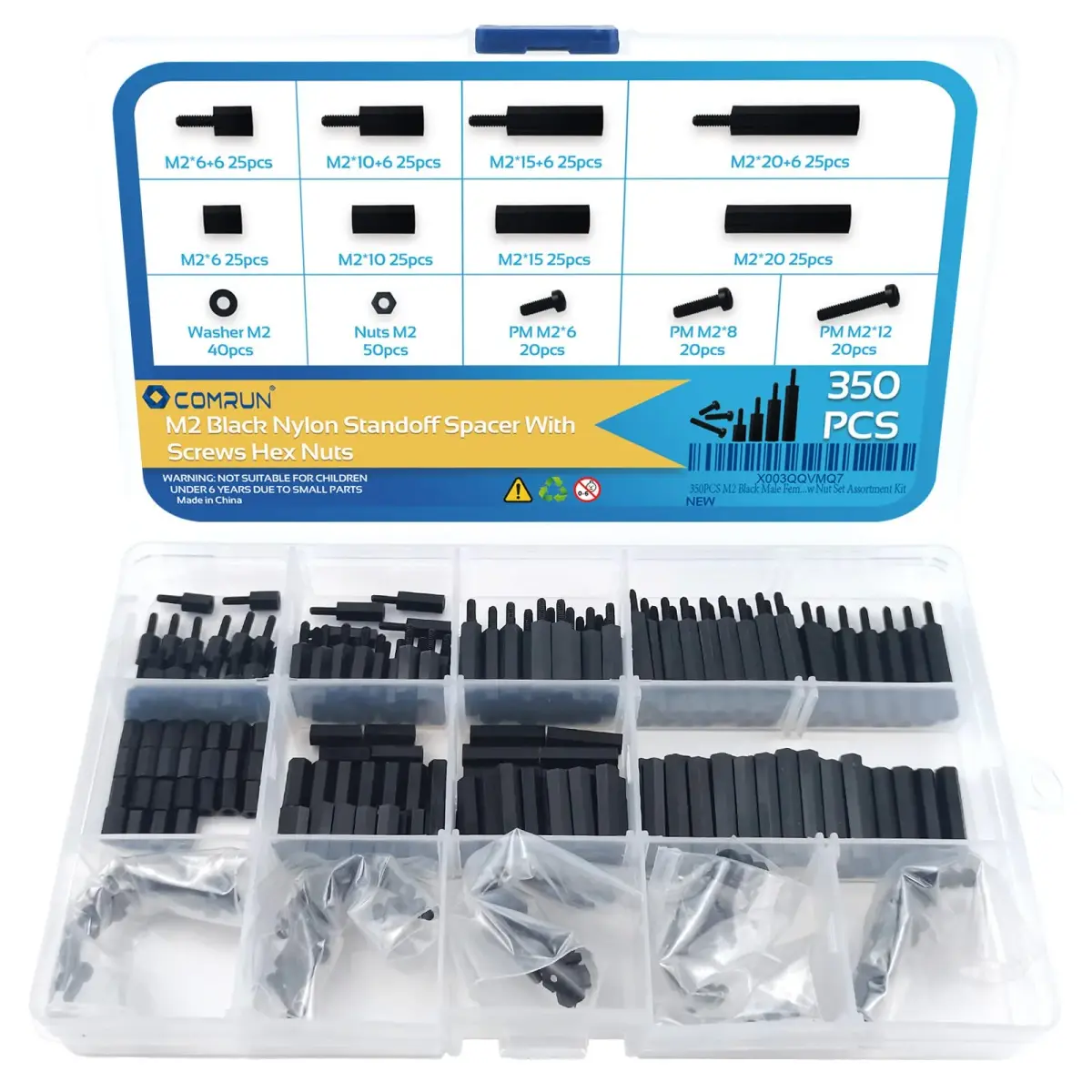 COMRUN M2 Black Nylon Hex Spacer Standoff Screw Nut Set Assortment Kit 350PCS | For PCB Motherboard Circuit Board - main product image