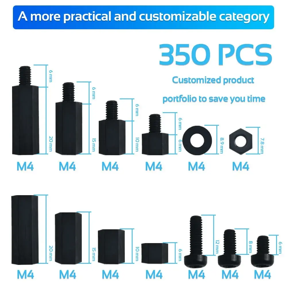 COMRUN M4 Black Nylon Hex Spacer Standoff Screw Nut Set Assortment Kit (350 Pieces, Black) | For PCB Motherboards & Electronics - view 2