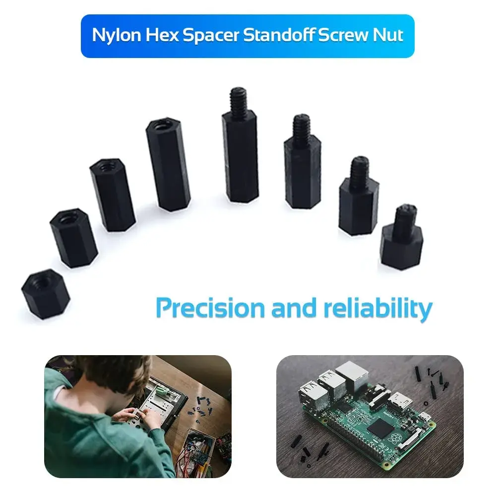 COMRUN M4 Black Nylon Hex Spacer Standoff Screw Nut Set Assortment Kit (350 Pieces, Black) | For PCB Motherboards & Electronics - view 4
