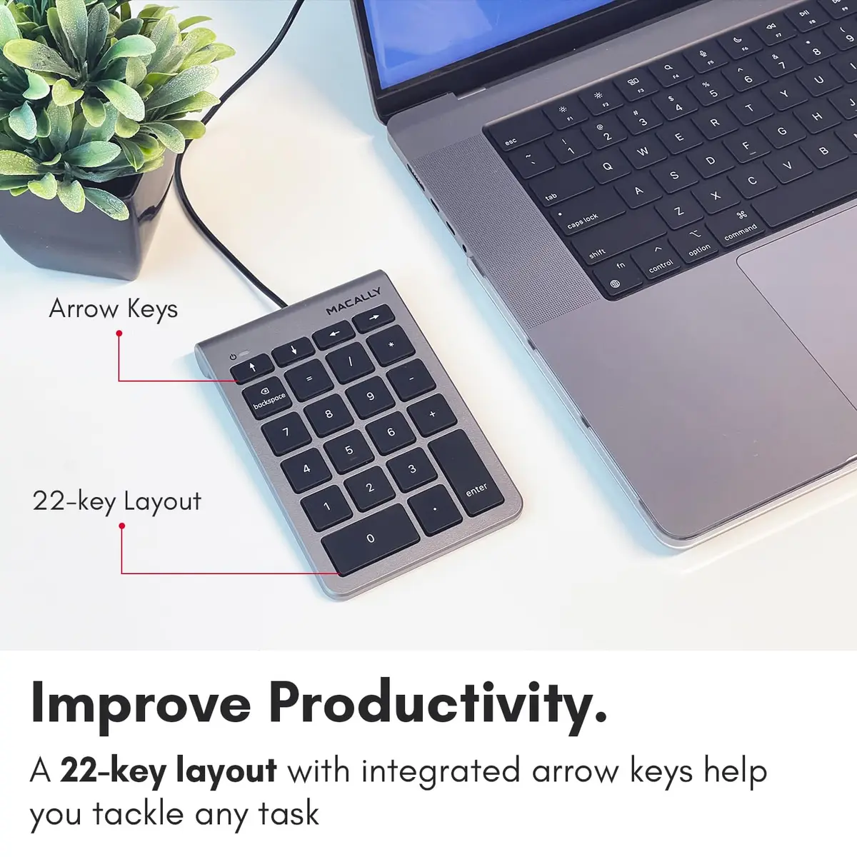 Macally USB-C Wired Number Pad for Mac & PC - 22 Full-Size Keys, Slim Portable Numpad with Tactile Feedback | 22-Key USB Keypad with 5ft Cable - view 4
