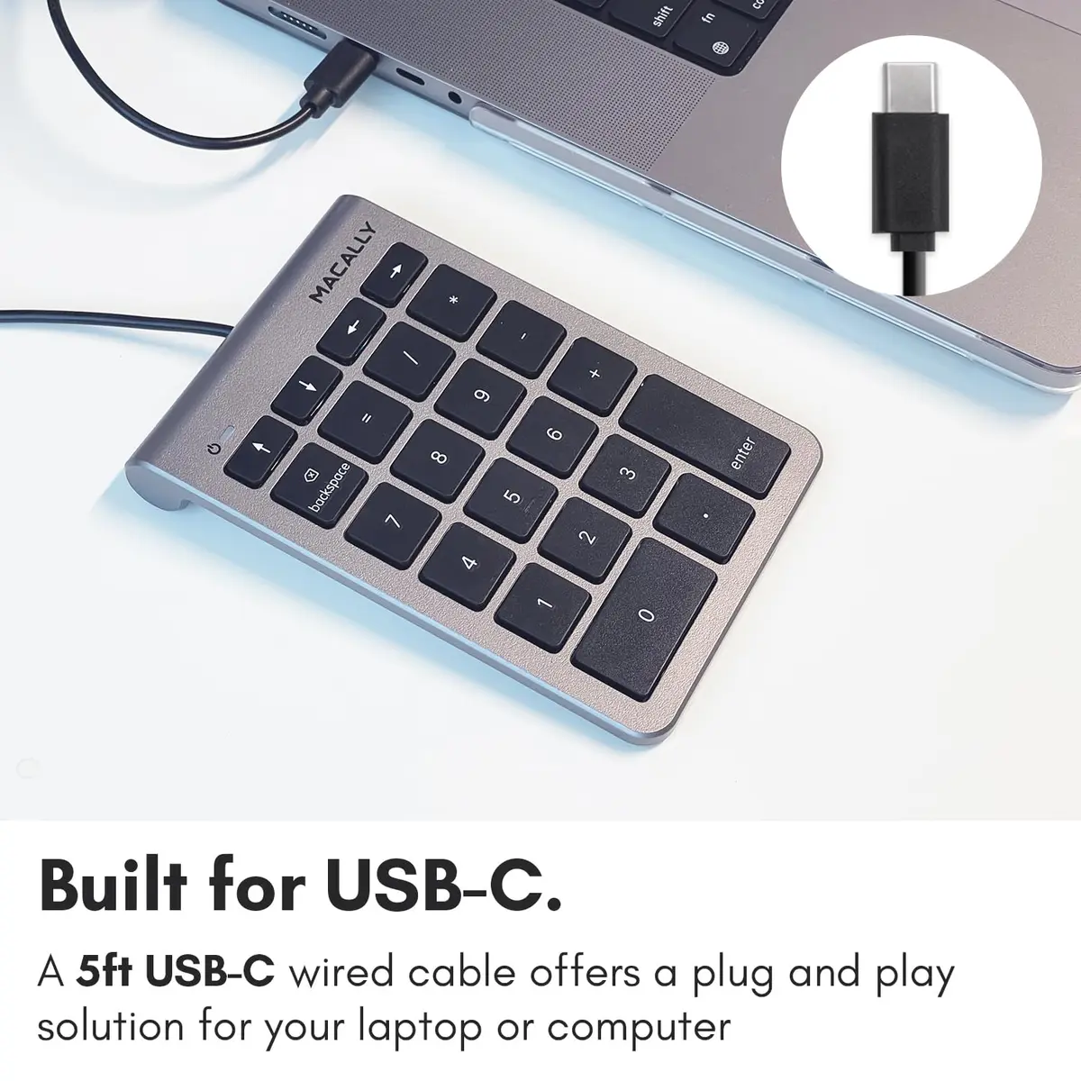 Macally USB-C Wired Number Pad for Mac & PC - 22 Full-Size Keys, Slim Portable Numpad with Tactile Feedback | 22-Key USB Keypad with 5ft Cable - view 2