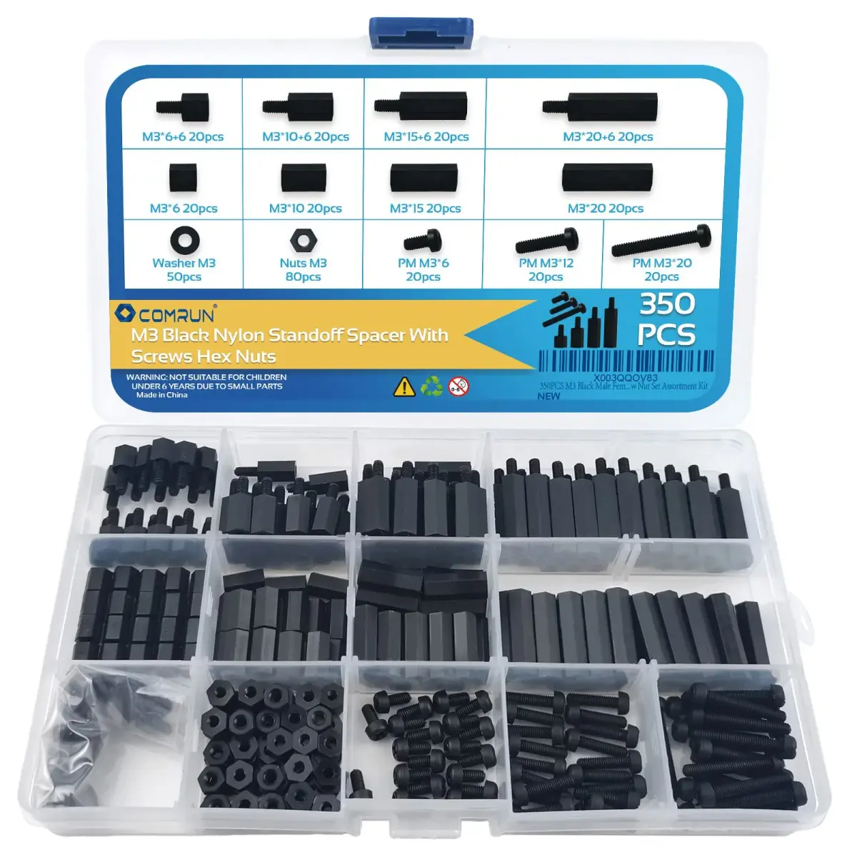 COMRUN M3 Black Male Female Nylon Hex Spacer Standoff Screw Nut Set Assortment Kit (350PCS) | For PCB Motherboard Circuit Board - main product image