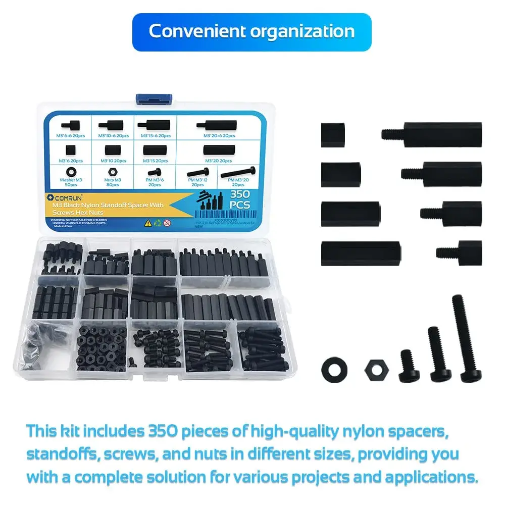 COMRUN M3 Black Male Female Nylon Hex Spacer Standoff Screw Nut Set Assortment Kit (350PCS) | For PCB Motherboard Circuit Board - view 5