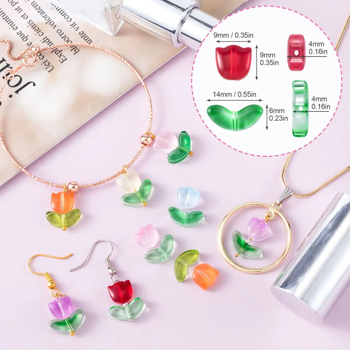 PAGOW 160pcs Tulip Flower Beads, Colorful Glass Translucent Bracelet Beads | Unique DIY Jewelry Craft - view 2