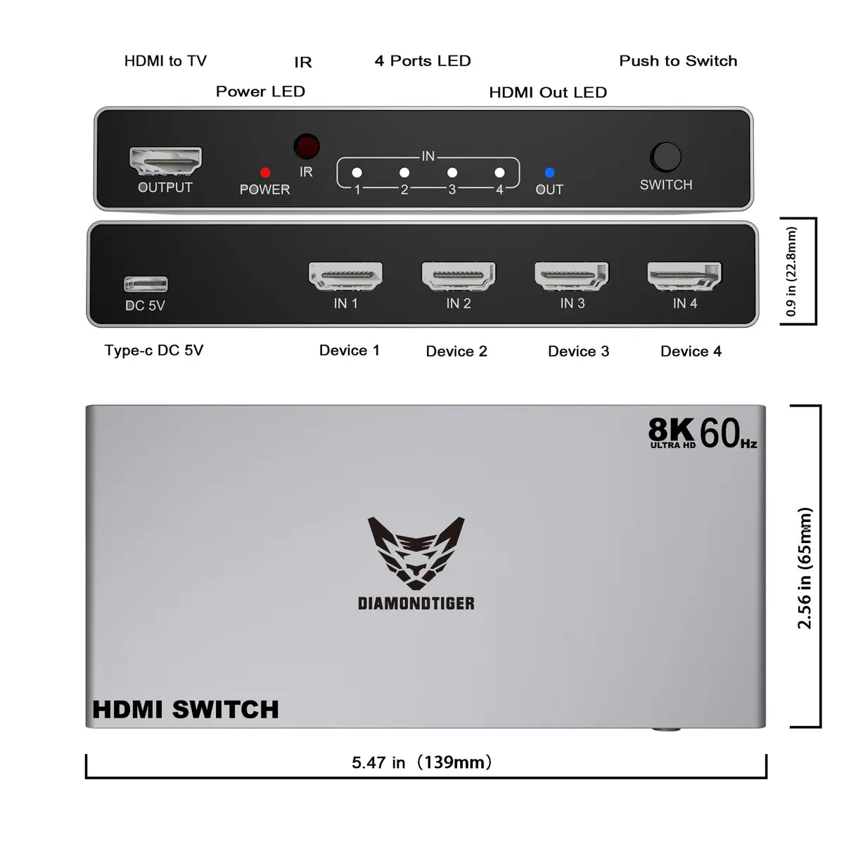 DiamondTiger 8K HDMI 2.1 Switch 4 in 1 Out | 8K@60Hz, 4K@120Hz, VRR, Dolby Vision, Aluminum Shell - view 2