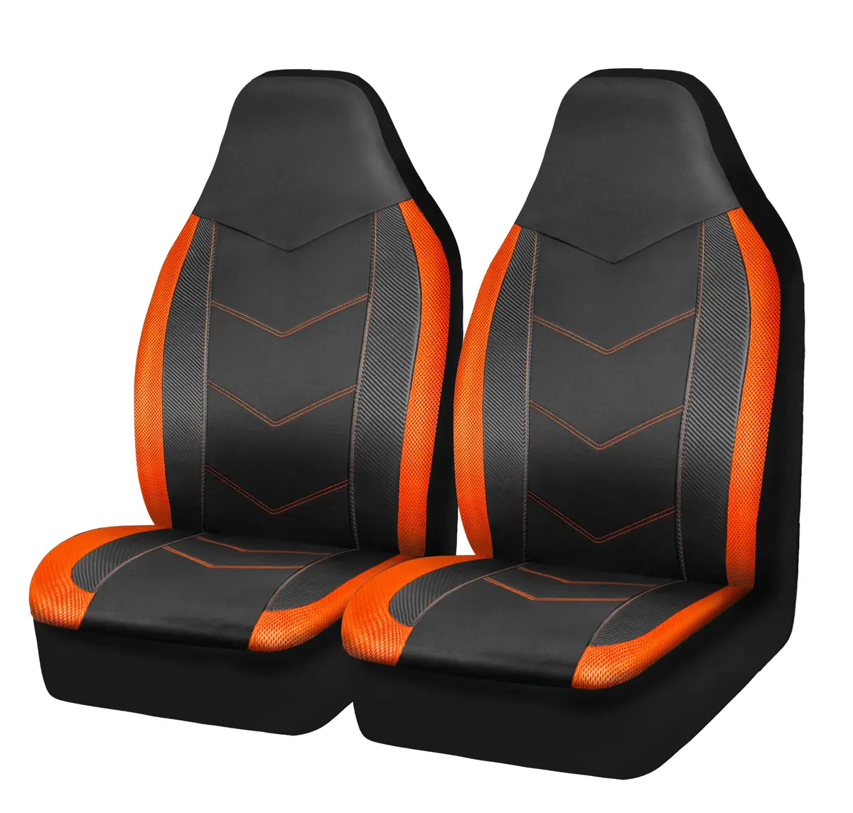 PIC AUTO High Back Front Car Seat Covers - Sports Carbon Fiber Mesh Design, Two Front Set, Airbag Compatible, Universal Fit (Orange) - main product image