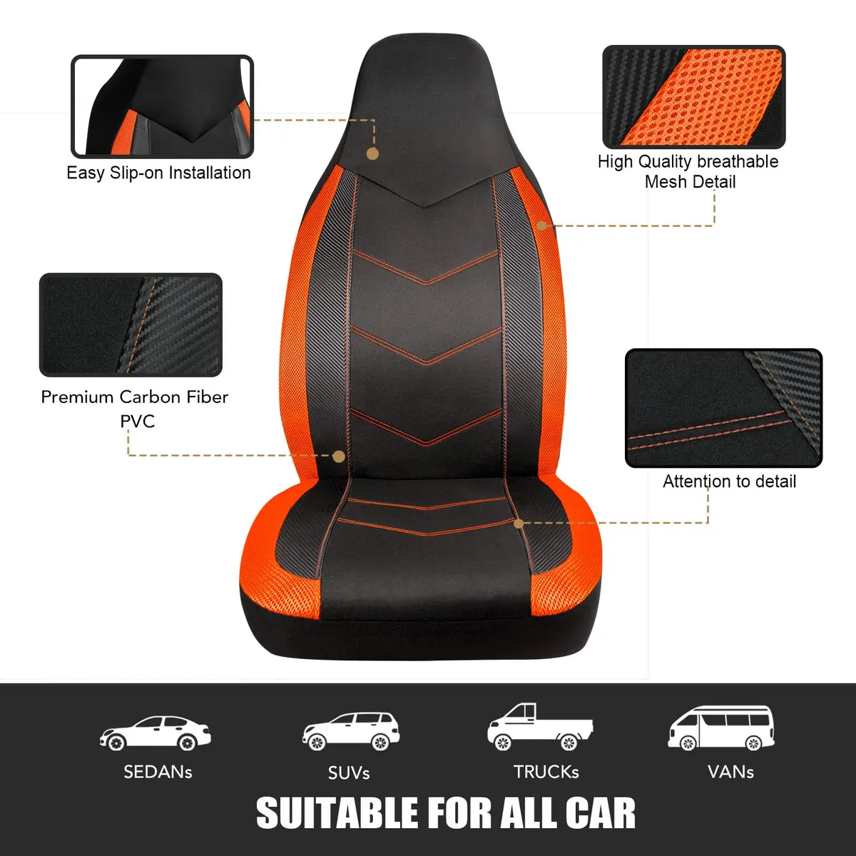PIC AUTO High Back Front Car Seat Covers - Sports Carbon Fiber Mesh Design, Two Front Set, Airbag Compatible, Universal Fit (Orange) - view 5