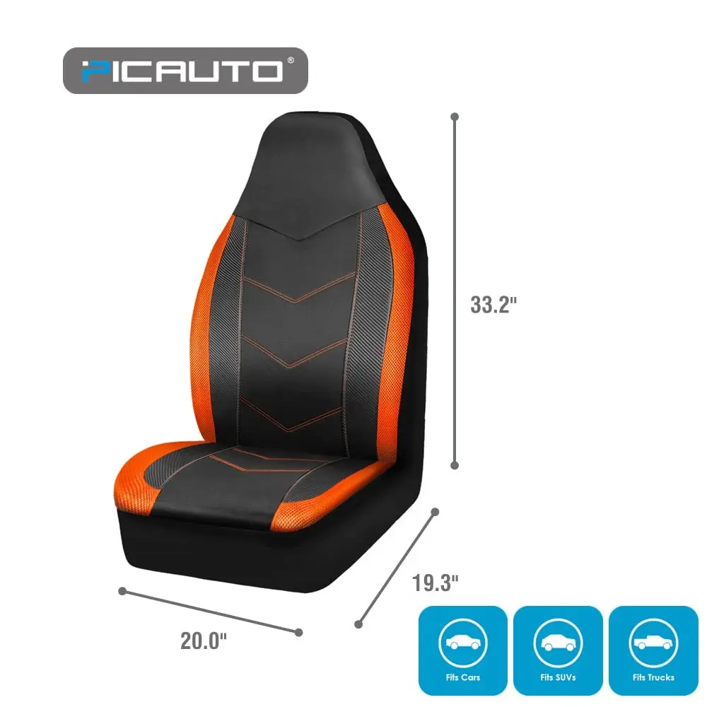 PIC AUTO High Back Front Car Seat Covers - Sports Carbon Fiber Mesh Design, Two Front Set, Airbag Compatible, Universal Fit (Orange) - view 6
